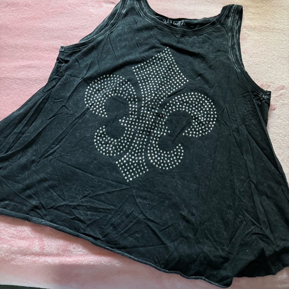 Lock & Love Dark Grey Rhinestone ‘Fleur de Lis’ Bling Backless Tank Y2K Style